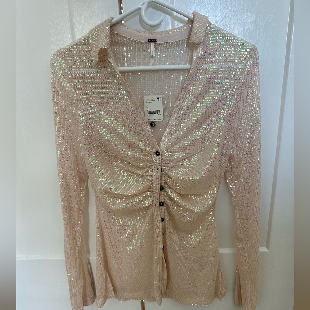 Free People Sequin Shirtee Top Champagne Dreams Size Small $98 Retail